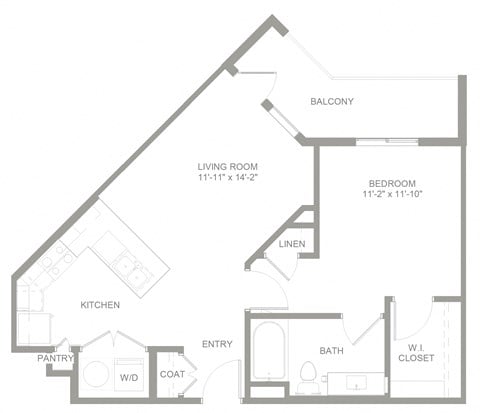 Floor plan for 1 bed, 1 bath, 800 sqft